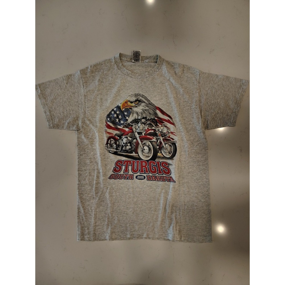 Vintage Sturgis 2001 Motorcycle Rally T-Shirt Large Gray Gildan Heavy Cotton